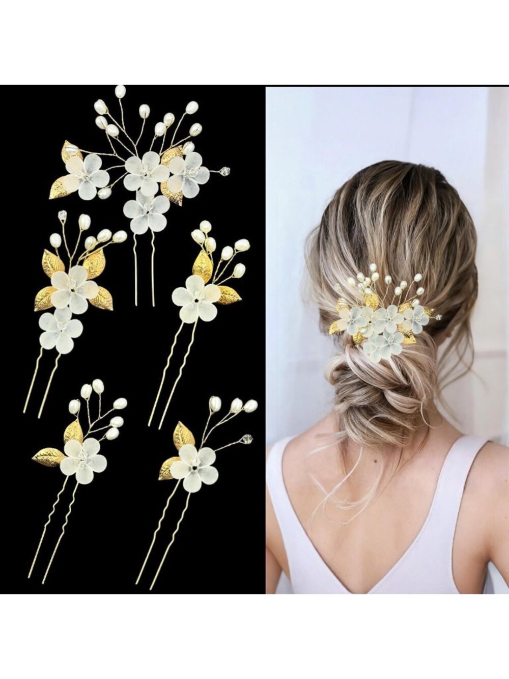 Women's Gold Leaf Rhinestone Crystal Bridesmaids Modern Pearl Hair Clips